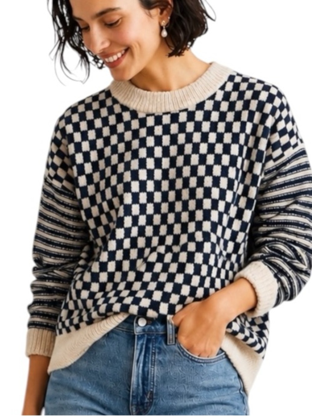 Madewell Navy and Cream Checkerboard Crewneck alpaca blend Sweater XS